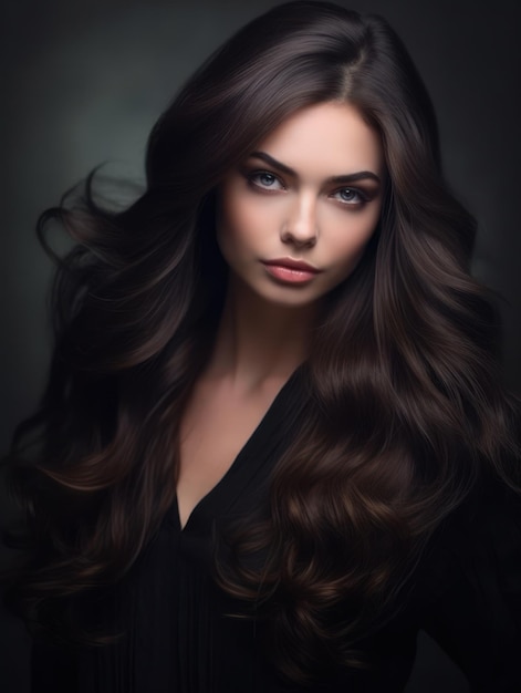 Mujer hermosa modelo con peinado largo Cuidado y productos de belleza para el cabello
