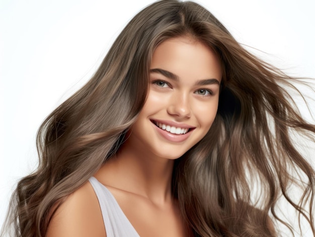 Mujer hermosa modelo con peinado largo Cuidado y productos de belleza para el cabello