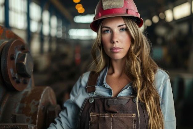 Mujer hermosa en mono de construcción y casco de seguridad Generar ai