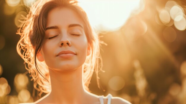 Mujer hermosa con los ojos cerrados y relajando el sol en un parque de calor al atardecer