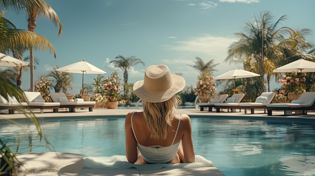 Una mujer hermosa parada junto a la piscina desde atrás disfrutando de las vacaciones de verano