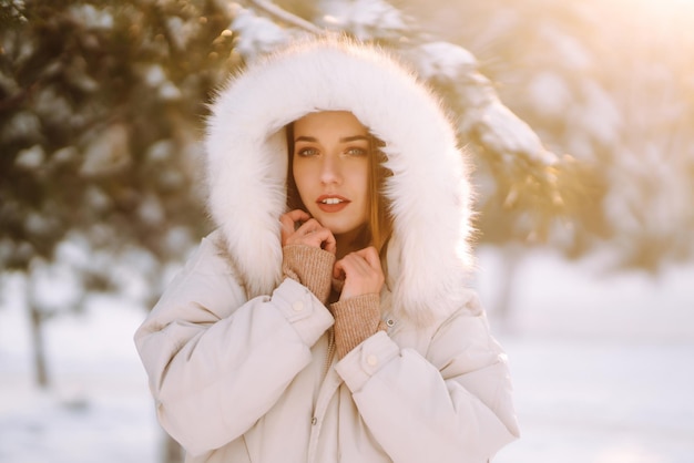 Mujer hermosa en un parque cubierto de nieve. Señorita caminando en un día soleado de invierno.