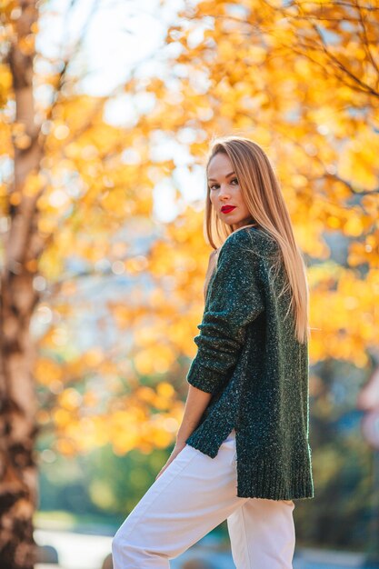 Mujer hermosa en el parque de otoño bajo el follaje de otoño