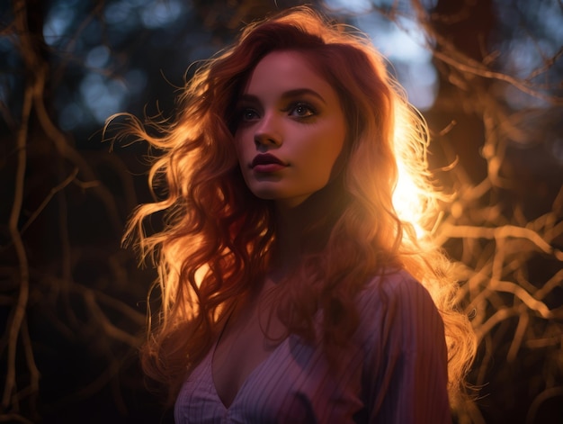 una mujer hermosa con el pelo rojo en el bosque