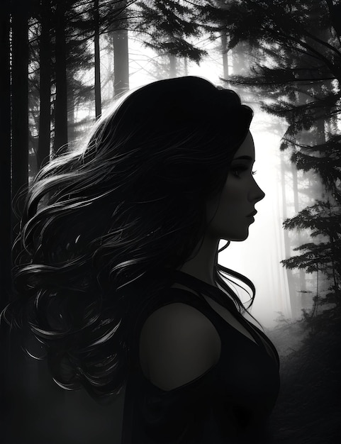 Mujer hermosa de perfil caminando por el bosque oscuro
