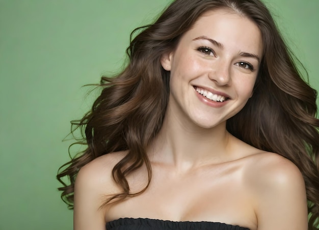 Foto una mujer hermosa con piel perfecta y cabello largo y marrón.