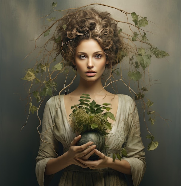 Mujer hermosa con una planta en las manos