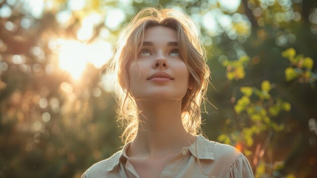 Mujer hermosa posando bajo fuente de luz desde el lado izquierdo con fondo de naturaleza IA generativa