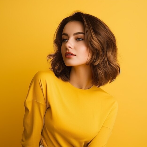 Foto mujer hermosa con pose de modelo en fondo amarillo