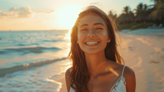 Mujer hermosa de primer plano feliz rostro impresionante imagen encantadora generada por IA