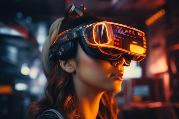 Mujer hermosa de primer plano con gafas de realidad virtual juego con tecnología de realidad aumentada de la