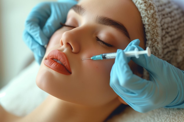 Mujer hermosa en un procedimiento en una clínica de belleza Inyección de relleno Médico con guantes púrpuras hace una inyección en el pliegue nasolabial