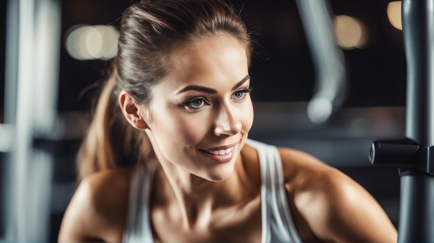 Foto mujer hermosa que está trabajando en el gimnasio corriendo en la cinta de correr pesas y haciendo fitness e