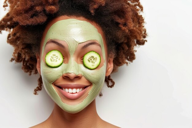 Mujer hermosa con rebanadas de pepino en los ojos y máscara facial sobre un fondo blanco