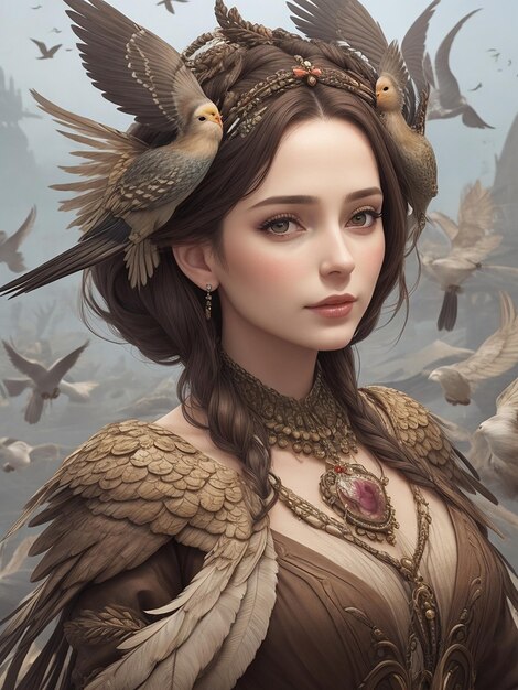 Una mujer hermosa rodeada de pájaros generados por IA