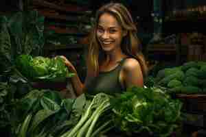 Foto mujer hermosa rodeada de verduras frescas en un mercado de agricultores