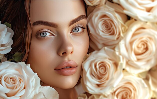 una mujer hermosa con rosas blancas profesional publicidad foto post ai generado