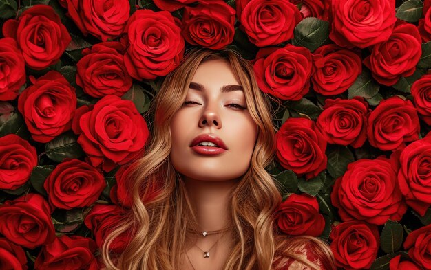 una mujer hermosa con rosas rojas profesional publicidad foto post ai generado