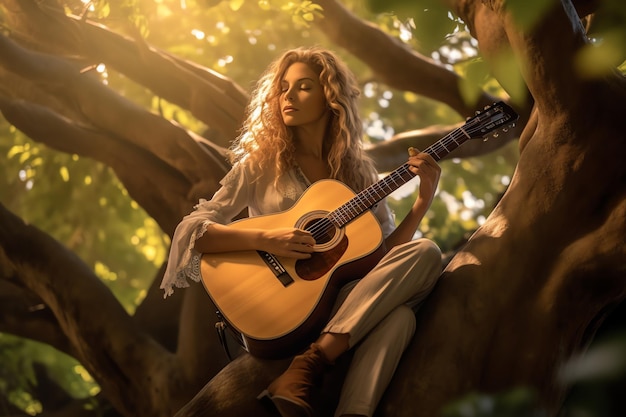 Una mujer hermosa se sienta en el árbol.