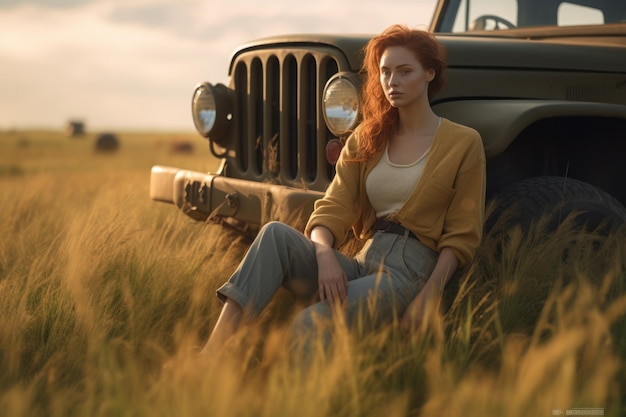 Una mujer hermosa se sienta en un campo junto a una fotografía al aire libre de un automóvil Jeep creada con ai