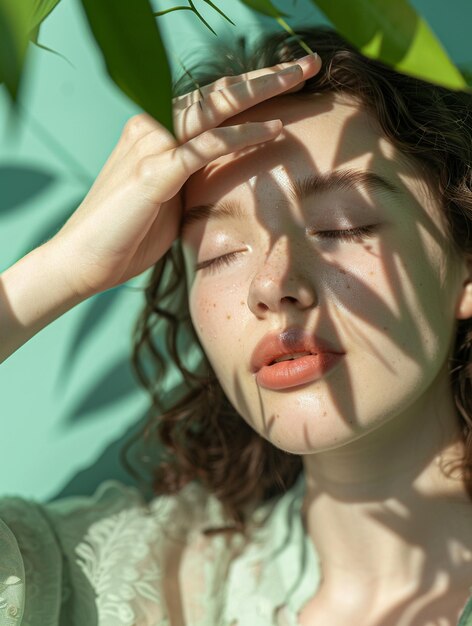 Mujer hermosa con sombras de hoja de palma en la cara