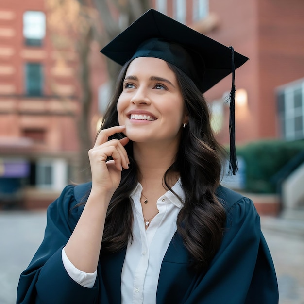 Una mujer hermosa soñadora se graduó sonriendo pensando