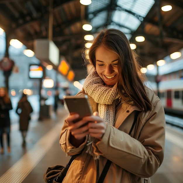 Foto mujer hermosa sonriendo mientras usa el teléfono inteligente al aire libre