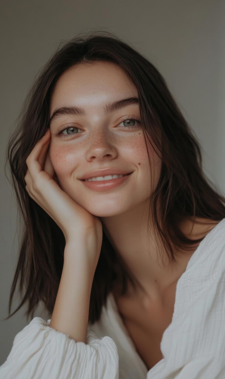 Mujer hermosa sonriendo con piel impecable iluminación suave fondo minimalista mano en cara primer plano disparado espacio vacío