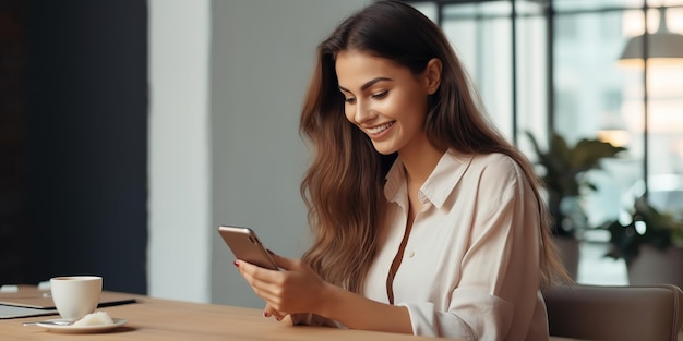 Una mujer hermosa sonriente sentada en la mesa con un teléfono inteligente usando tecnología moderna de teléfonos móviles