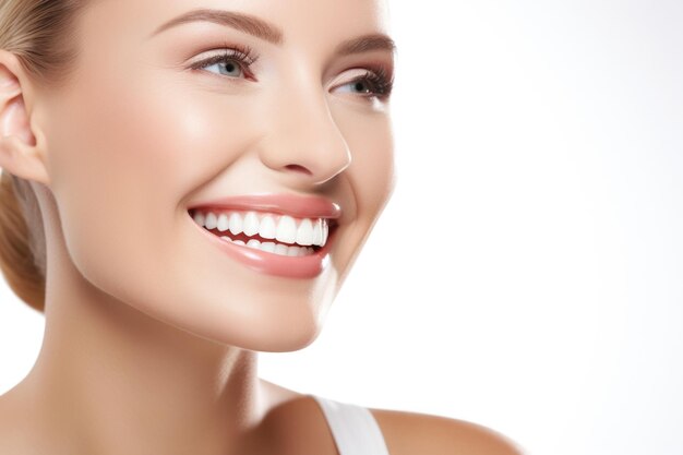 Foto mujer con hermosa sonrisa, dientes blancos, publicidad de productos de sonrisa perfecta.