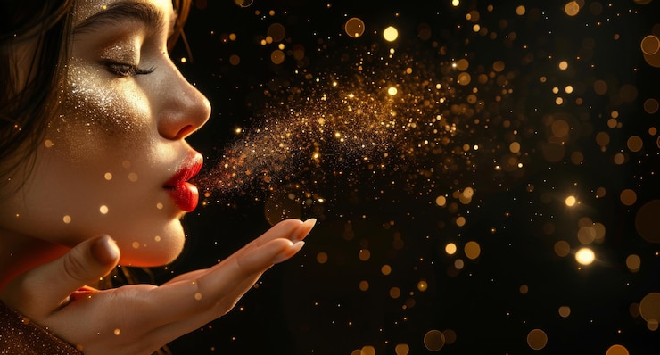 Foto mujer hermosa soplando brillo dorado con maquillaje cautivador y labios rojos
