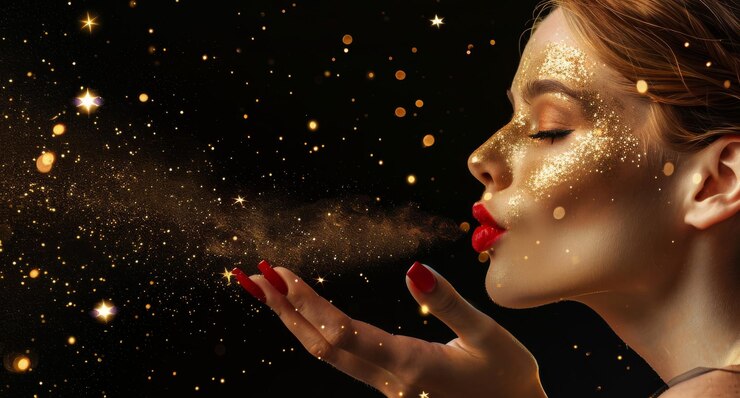 Foto mujer hermosa soplando estrellas doradas con brillo brillante en su cara en un ambiente festivo