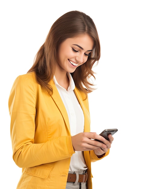 Foto mujer hermosa sosteniendo un teléfono móvil sobre un fondo blanco ia generativa