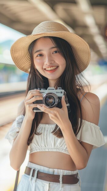 Mujer hermosa en su juventud con sonrisa y piel lisa sosteniendo una cámara con una camiseta blanca sin mangas