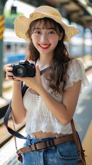 Mujer hermosa en su juventud con sonrisa y piel lisa sosteniendo una cámara con una camiseta blanca sin mangas