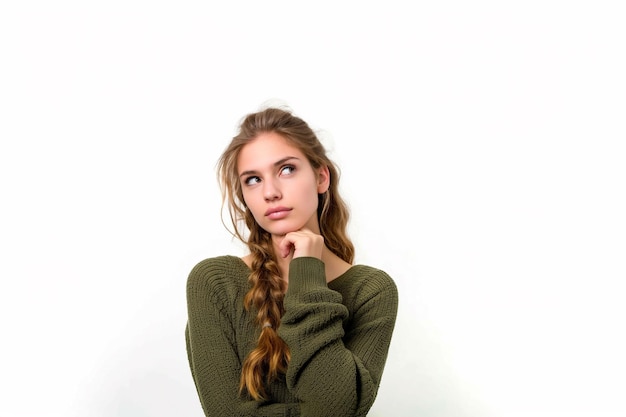 Una mujer hermosa con un suéter verde pensando en la pregunta