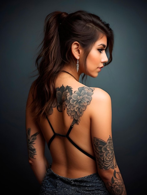 Foto una mujer hermosa con un tatuaje futurista en todo el cuerpo