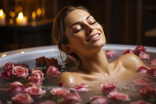 Mujer hermosa tomando un baño con flores en un spa