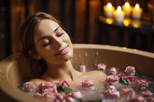 Mujer hermosa tomando un baño con flores en un spa