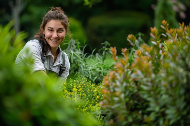 Mujer hermosa en el trabajo con una sonrisa inmersa en el paisajismo y la jardinería