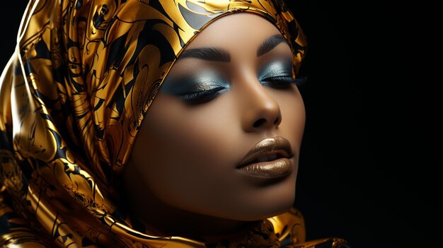 Una mujer hermosa con un turbante dorado.