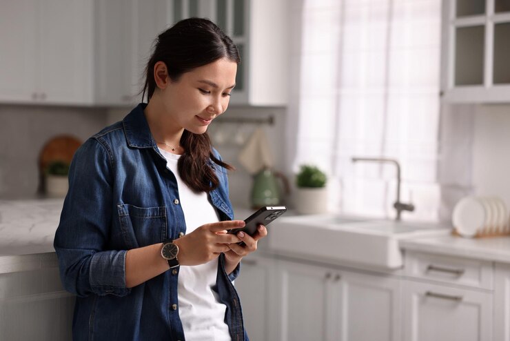 Foto mujer hermosa usando teléfono inteligente en la cocina espacio para el texto