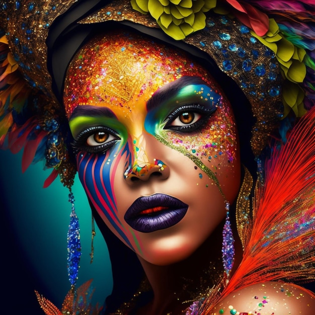 Una mujer hermosa vestida de carnaval vibrante y colorido.