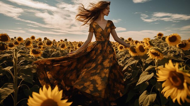 Foto mujer hermosa con un vestido en un campo de girasoles papel tapiz