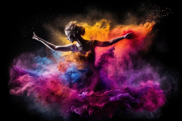 Mujer hermosa con un vestido colorido bailando con humo colorido sobre un fondo negro generado por la IA