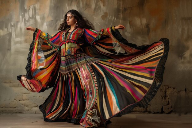 una mujer hermosa en un vestido gitano tradicional en el fondo de una vieja pared