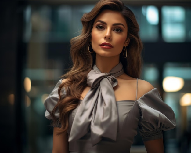 una mujer hermosa con un vestido gris posando para la cámara