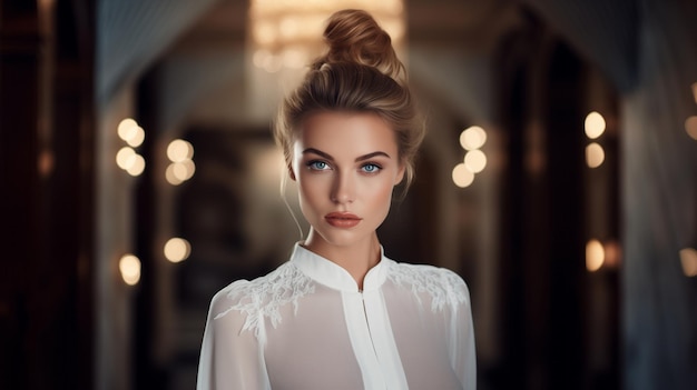 Foto mujer hermosa en vestido de noche maquillaje de noche sombras peinado mujer de belleza exitosa en un hermoso interior