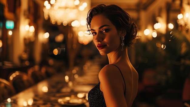 una mujer hermosa en un vestido de noche con una sonrisa elegante en el fondo de la sala de comidas de un hotel de lujo