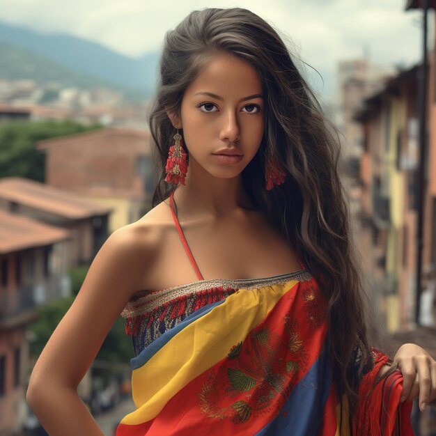 Foto mujer hermosa en un vestido tradicional de los colores nacionales de colombia generativo ai